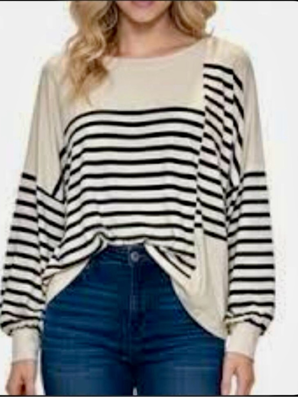Cabi Striped Knit Top Women S Cream Navy Boxy Tee Shirt Balloon Sleeve Size S